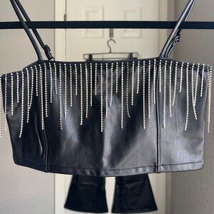 Miss Selfridge Faux Leather Diamante Fringe Bralette - Size 6